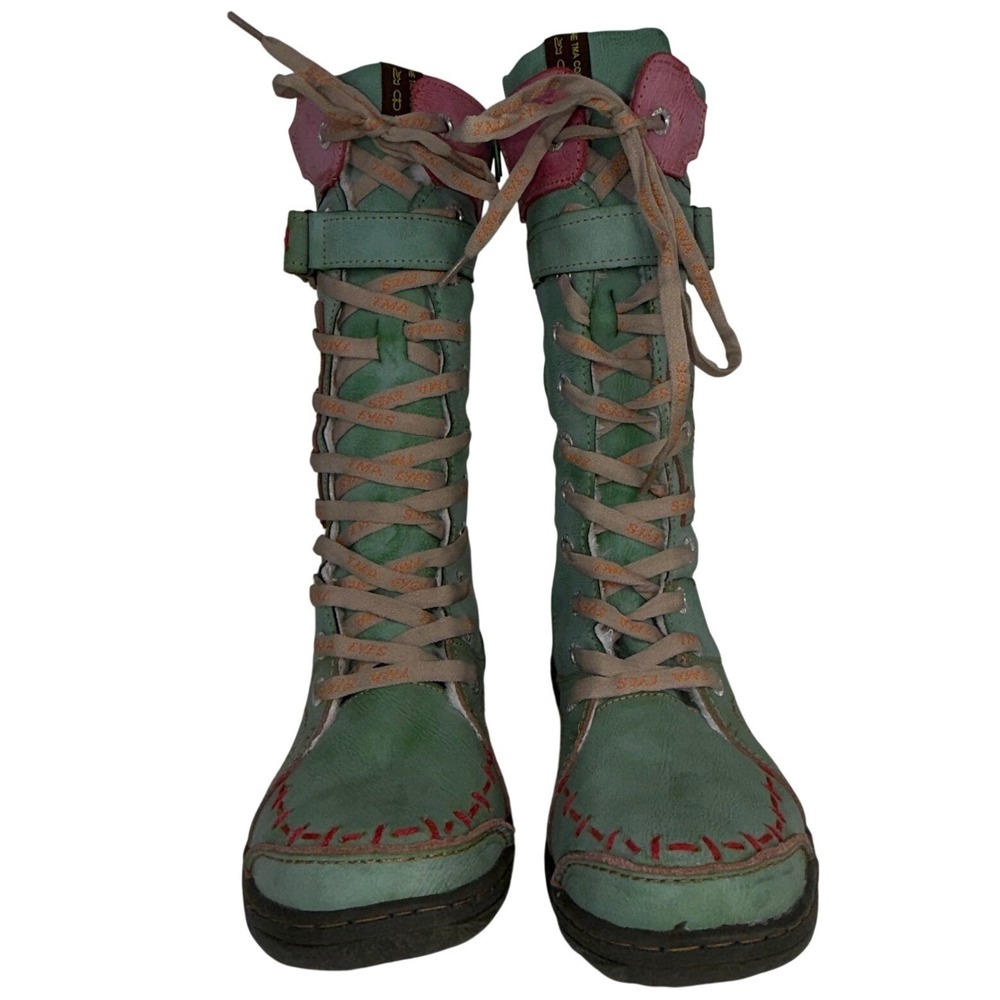 TMA Eyes Green Leather Faux Fur Lined Mid Calf Lace Up Boots EUR 41